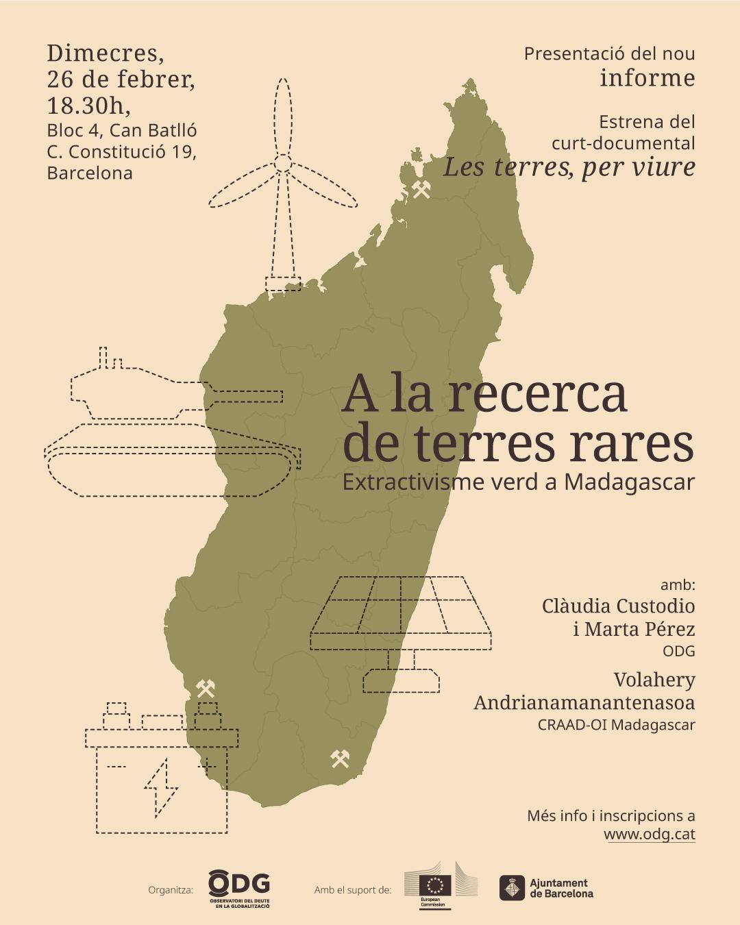 Cartell de la presentació dels resultats del treball de camp a Madagascar de l'ODG, sobre l'impacte de l'extractivisme verd i la mineria de terres rares